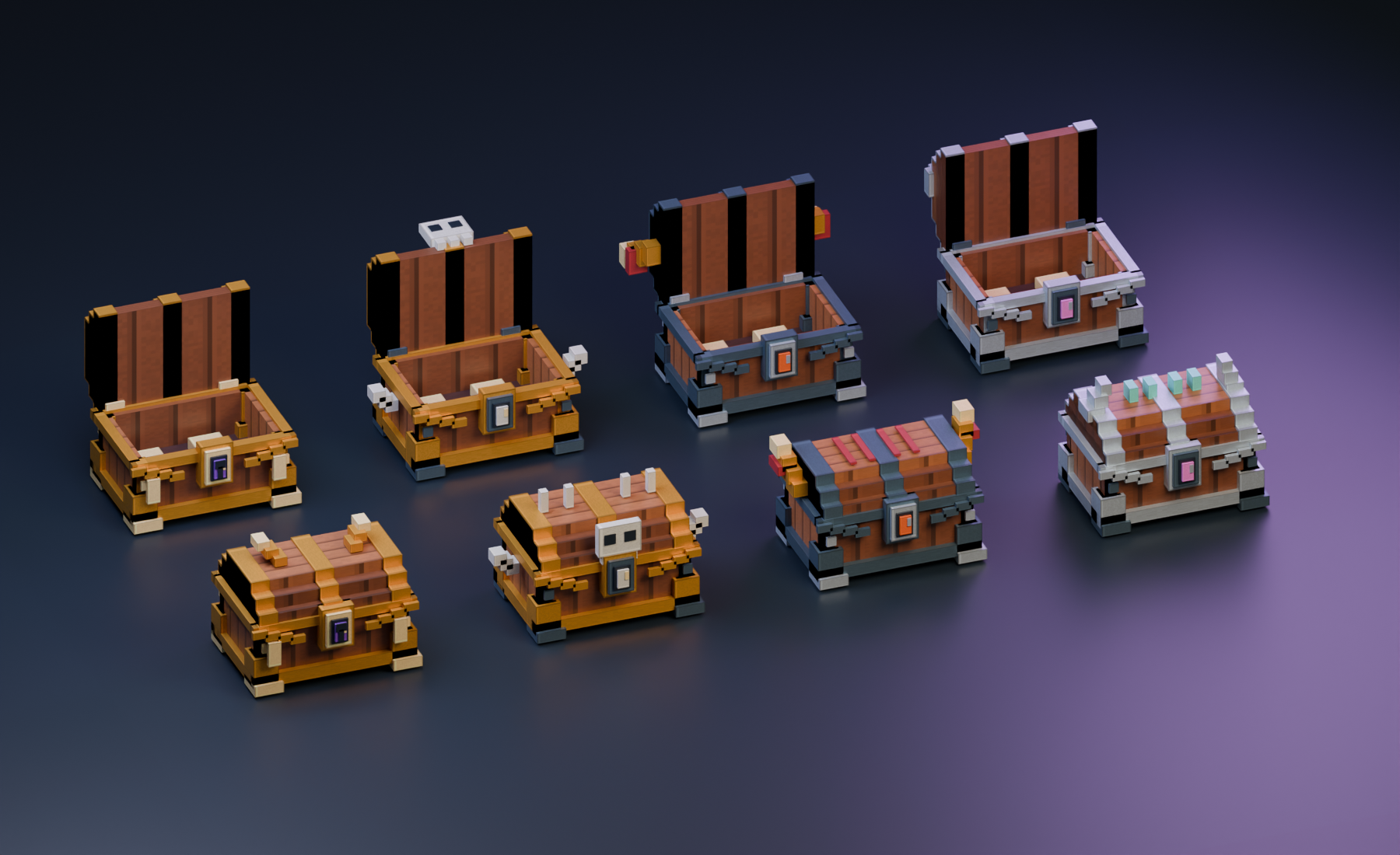 Die vier ZalQ-Craft-Truhen als detaillierte 3D-Modelle mit Holz, Metall, Kristallen und goldenen Beschlägen