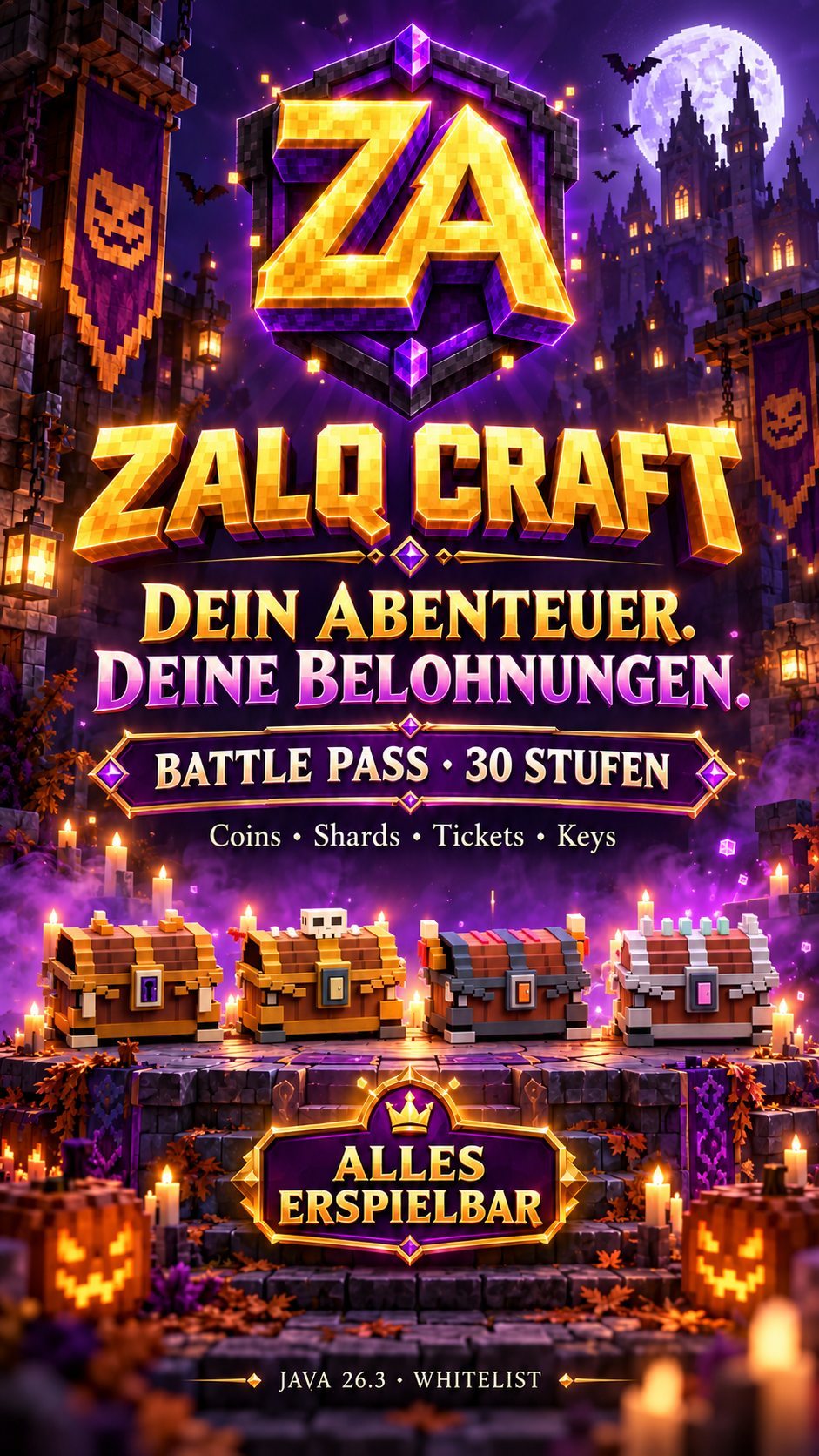 ZalQ-Craft-Promoillustration mit Wappen, Halloween-Zitadelle und vier Crates